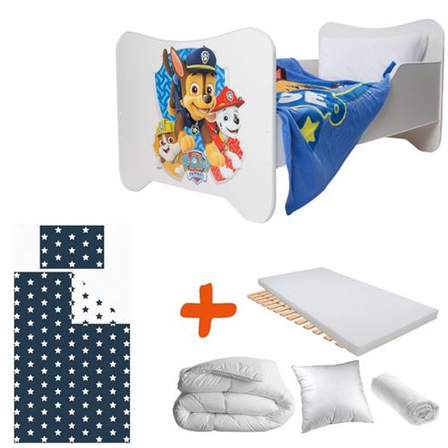 Pack 8en1 Lit Junior garçon Pat patrouille Matelas + Oreiller + Couette + Taie+ Housse de couette +Drap housse