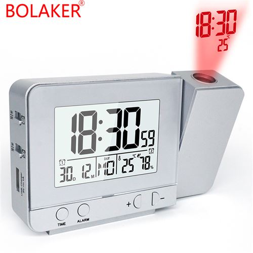 Réveil à projection BOLAKER LED Horloge de USB avec heure température, argent