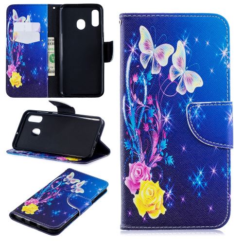 Etui en PU support motif imprimé roses et papillons pour votre Samsung Galaxy A20/A30