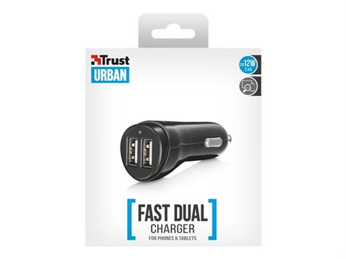 Trust URBAN - Stroomadapter voor auto - 12 Watt - 2.4 A - 2 uitgangsaansluitingen (USB)