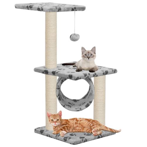 Comparer les prix de Arbre à chat griffoir grattoir niche jouet animaux peluché en sisal 65 cm gris motif de pattes