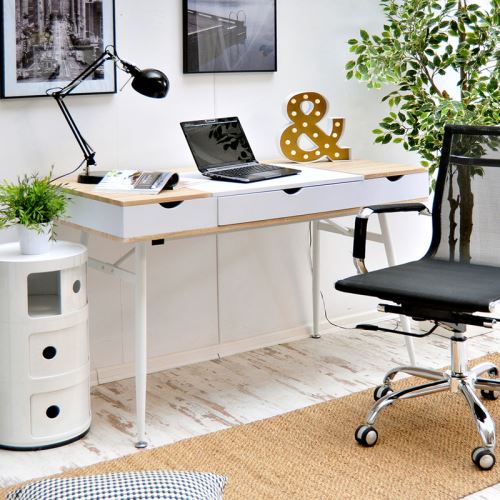 Bureau Scandinave Bureau Design Boduna 120 Cm Blanc Effet Chene Avec Tiroir 3 Compartiments Fermes Style Nordique Achat Prix Fnac