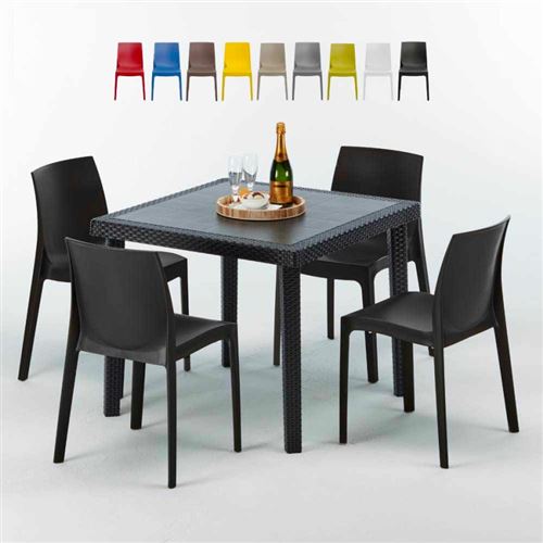 Table Carrée Noire 90x90cm Avec 4 Chaises Colorées Grand Soleil Set Extérieur Bar Café ROME PASSION, Couleur: Noir