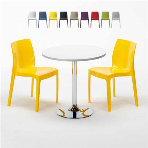 Table Ronde Blanche 70x70cm Avec 2 Chaises Colorées Grand Soleil Set Intérieur Bar Café Ice LONG Island, Couleur: Jaune
