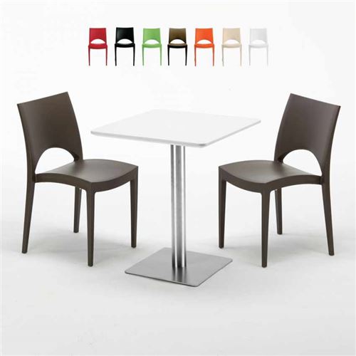 Table carrée 60x60 plateau blanc avec 2 chaises colorées Paris Hazelnut, Couleur: Marron