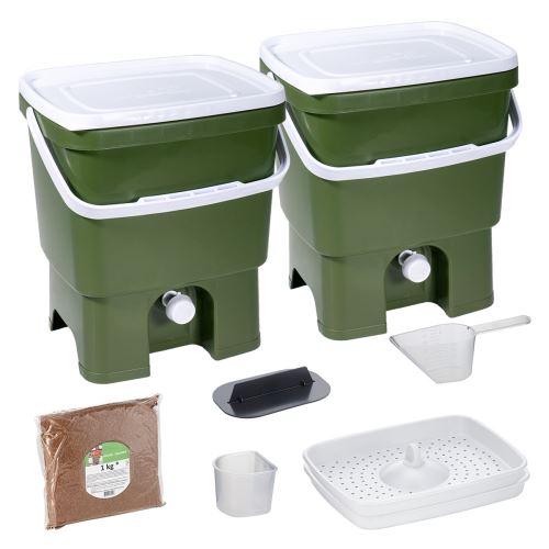 Skaza Bokashi Organko Ensemble (2 x 16 L) Lot de 2 Composteurs en Plastique Recyclé Kit de démarrage pour les Déchets de Cuisine et le Compostage avec de EM Bokashi Ferment 1 kg Olive verte
