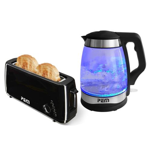Bouilloire en verre LEDs Bleues 2000W 1.7L + Grille pain 1 fente longue (2 tranches) 1000W