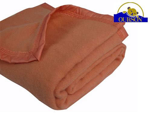 Couverture pure laine woolmark ourson 350 gr pêche 240x260