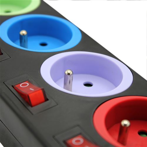 Lot de 2 Bloc Multiprise Couleur - Interrupteur pour chaque sortie +  stickers d'identification - Interrupteur general - Cable 1,5 M - Noir et  Blanc