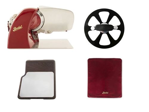 Berkel - Home Line 200 Rouge + Planche à Découper Inoxydable, Bois + Couverture Pour Trancheuse Rouge + Extracteur de Lame