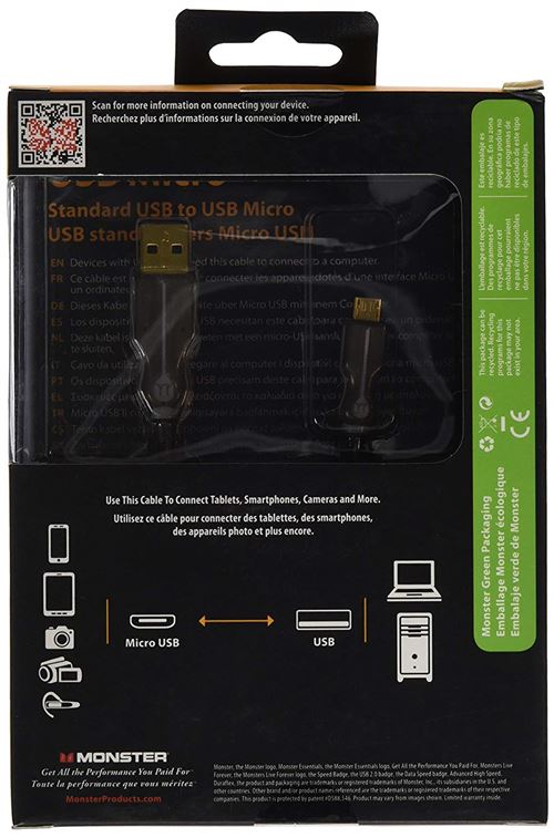 Monster Câble USB A vers micro USB B Essentials Haute Performance - High Speed - 15 cm