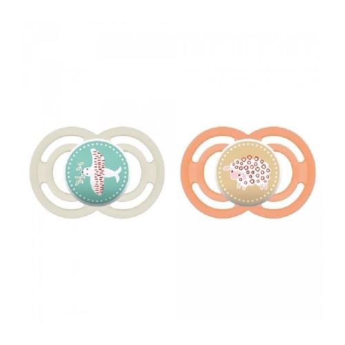 mam sucette perfect - a partir de 6 mois - silicone - lot de 2 - boîte stérilisation - oiseau / mouton