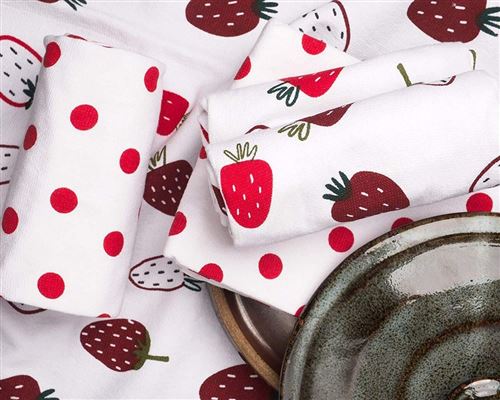 Penguin Home® Fouta Lot de 4 Torchons en Éponge Motif Pois et Fruits, Blanc/Rouge 3511