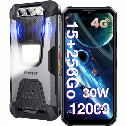 FOSSiBOT F106 Pro Gris 6.58” 15(8+7)Go +256 Go Smartphone Robuste 12000mAh NFC Double SIM 4G Android 13 103db volume élevé 3W lumières de camping