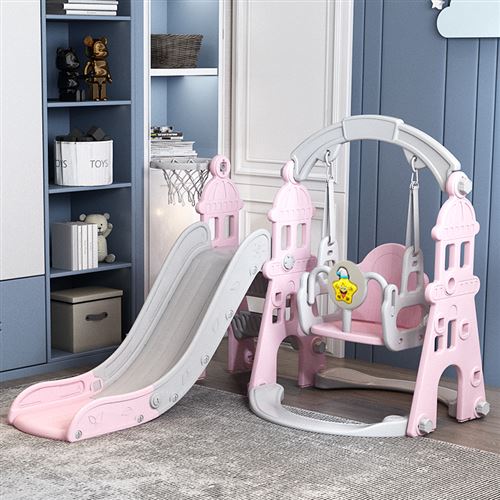Toboggan pour Enfants Aire de Jeux 4 en 1 avec Toboggan, Balançoire, Panier de Basketball pour Enfants 2-8 Ans Jouer Extérieur/Intérieur, 135 x 180 x 110 cm, Rose