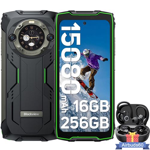 Blackview BV9300 Pro Téléphone Portable Incassable Double Écran 6.7 16Go+256Go 64MP Vert avec Écouteurs Bluetooth Airbuds 60(Noir)