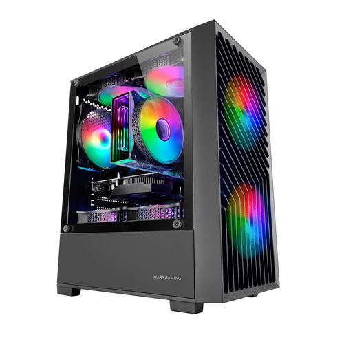 Mars Gaming MC- VORTEX, Caja Gaming MicroATX, Frontal Mesh Geométrico, Ventana Lateral Cristal Templado, 3X Ventiladores FRGB Rainbow 120mm, Minitorre PC Compacta con Diseño Doble Cámara, Negro o