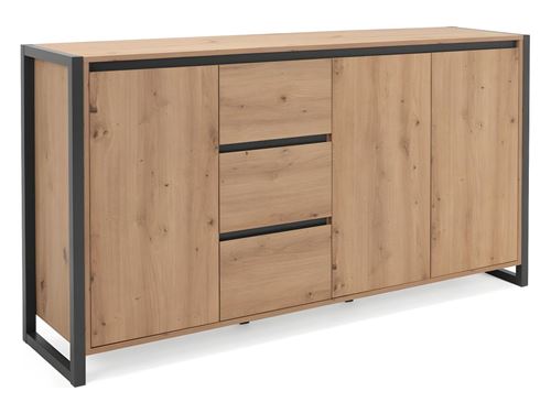 DENVER Buffet 3 portes 3 tiroirs - Decor chene artisan / Anthracite - L 160 x P 40 x H 88 cm