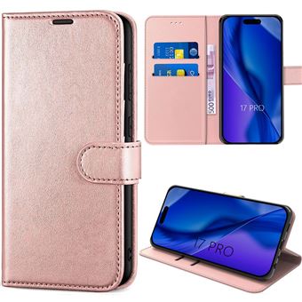 Coque pour iPhone 17 Pro, Protection Rabat Anti-Rayures Antichoc Synthécuir avec Porte-Carte Rose - 1