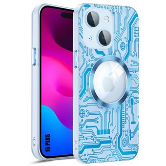 Coque pour iPhone 15 Plus avec Cercle Magnétique et Protection Caméra Vitre, Coque Rigide Semi-Transparent Bleu Motif Circuit - BOOLING - 1
