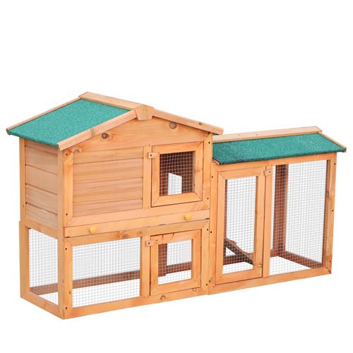 Clapier cage à lapins rongeurs 2 niveaux 3 portes verrouillables tiroir à déjection 145L x 45l x 85H cm bois massif pin