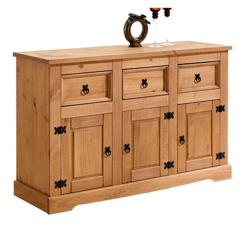 Buffet en pin TEQUILA, 3 tiroirs et 3 portes, finition cirée