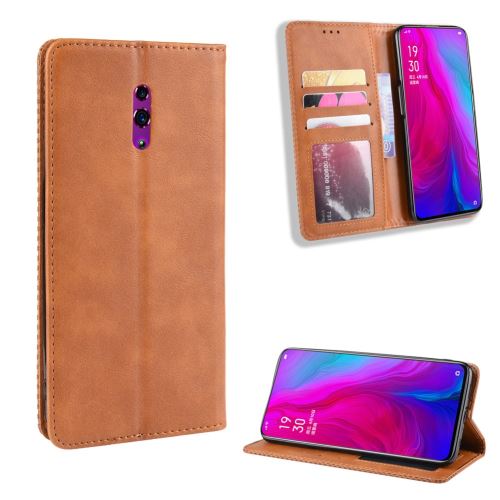 Etui en PU style rétro auto-absorbé avec support marron pour votre Oppo Reno
