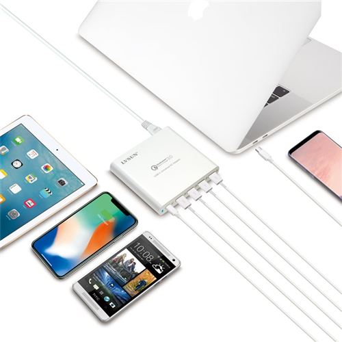 Station de Recharge Ultra-Rapide 80 Watts 4 Ports USB-A et 1 Port USB-C PD 3.0 et QC 3.0 (Blanc)