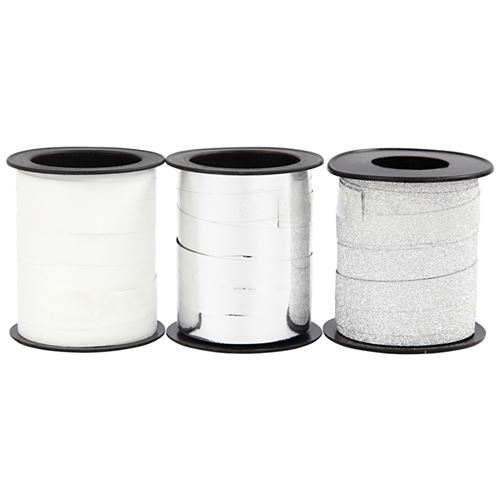 Assortiment de bolduc - Blanc - Argenté - 10 mm x 15 m - 3 pcs