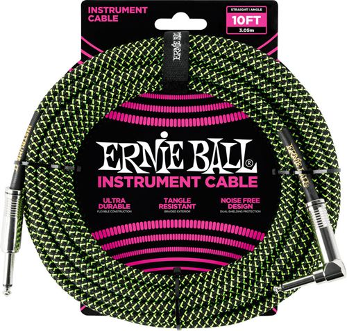 Ernie Ball Noir/Vert Cables Instrument Gaine Tisse Jack/Jack Coudé 3M - Image 2