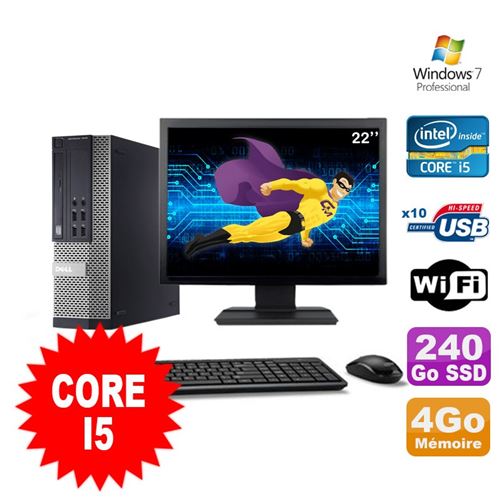 Pc dell optiplex 990 sff i5-2400 3.1ghz 4go 240go ssd dvd wifi w7 ecran 22'