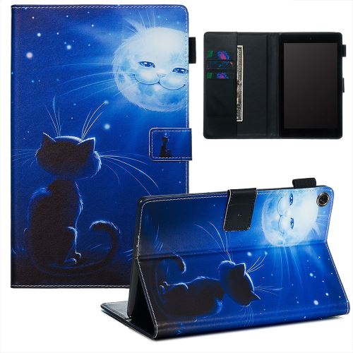 Etui en PU impression de modèle avec support et boucle de stylet visage de chat lumineux pour votre Amazon Fire HD 8 (2016)/(2017)/(2018)