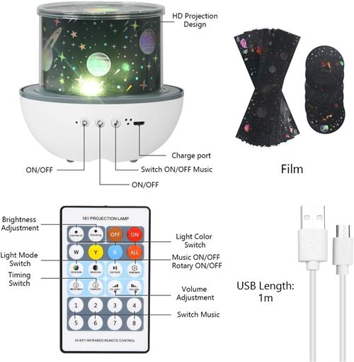 Veilleuse Projecteur Etoile - ORIA - Lecteur Musique - 10 couleurs + 3  modes dynamiques - Rechargeable USB
