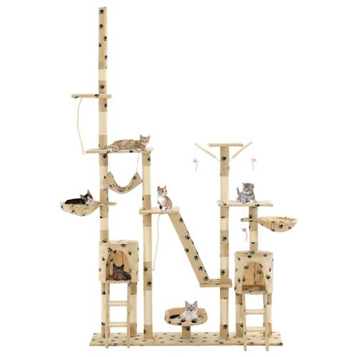 Meilleurs prix pour Arbre à chat griffoir grattoir niche jouet animaux peluché 230-250 cm empreintes de pattes beige