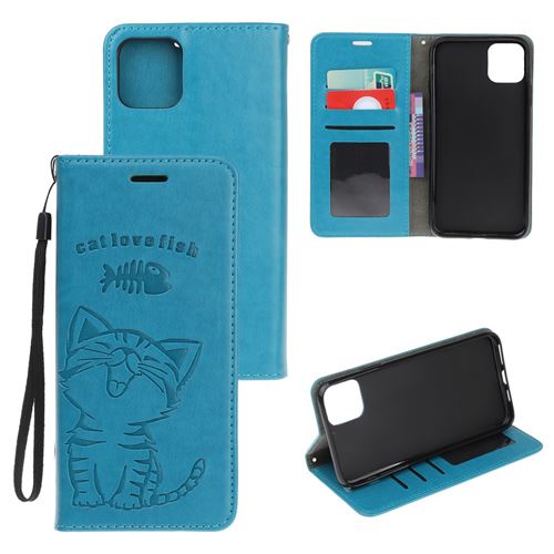 Etui en PU impression de motif de chat et arête de poisson bleu clair pour votre Apple iPhone 12 Pro Max 6.7 pouces