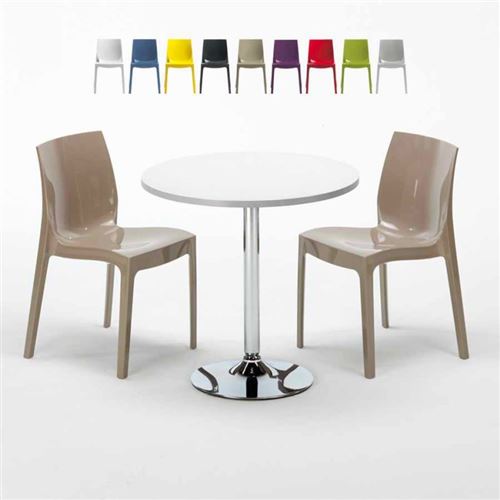 Table Ronde Blanche 70x70cm Avec 2 Chaises Colorées Grand Soleil Set Intérieur Bar Café Ice LONG Island, Couleur: Beige