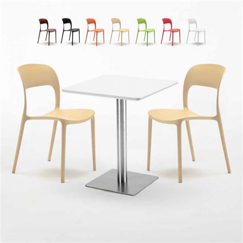 Table carrée 60x60 plateau blanc avec 2 chaises colorées Restaurant Hazelnut, Couleur: Beige