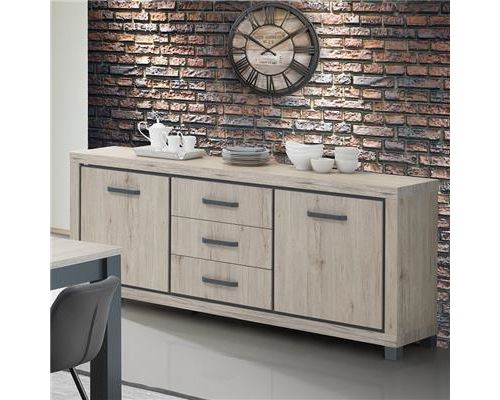 Enfilade 220 cm pas cher couleur chêne naturel et gris ELORANE-L 220 x P 45 x H 90 cm- Beige