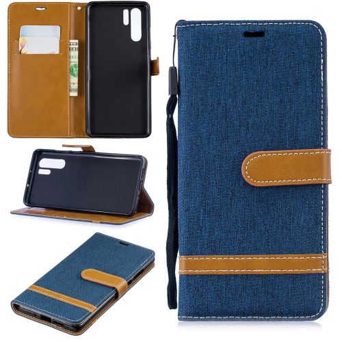 Etui en PU jean bicolore en tissu flip bleu foncé pour votre Huawei P30 Pro