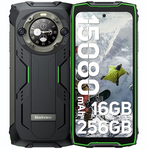 Blackview BV9300 Pro Téléphone Portable Incassable Double Écran Android 13 16Go+256Go 15080mAh/33W 6.7 120Hz 64MP+32MP NFC - Vert