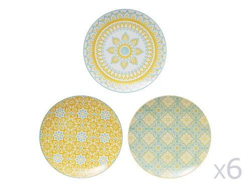 Assiette plate en porcelaine motifs assortis D27cm jaune et bleu - Lot de 6 MIKADO