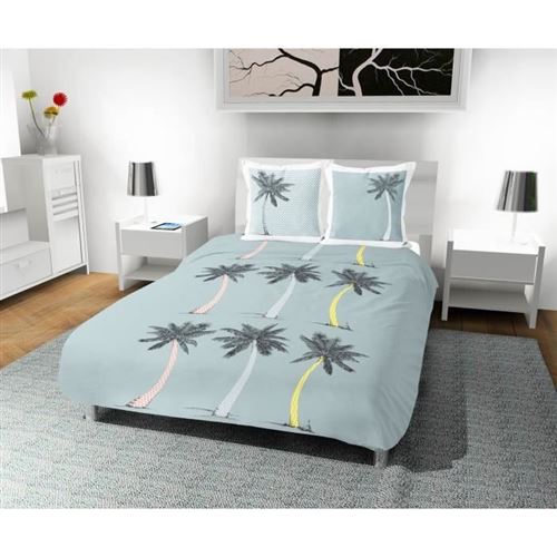 Soleil D Ocre Parure De Couette Palmier 100% Coton - 1 Housse De Couette 220 X 240 Cm + 2 Taies Doreiller - Bleu
