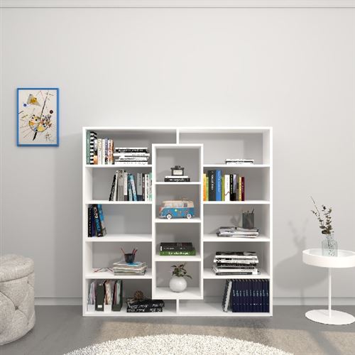 HOMEMANIA Bibliothèque Dalia - Armoire murale - avec étagères - pour le salon, le bureau, l'entrée - Blanc en Bois, 130 x 27 x 130 cm