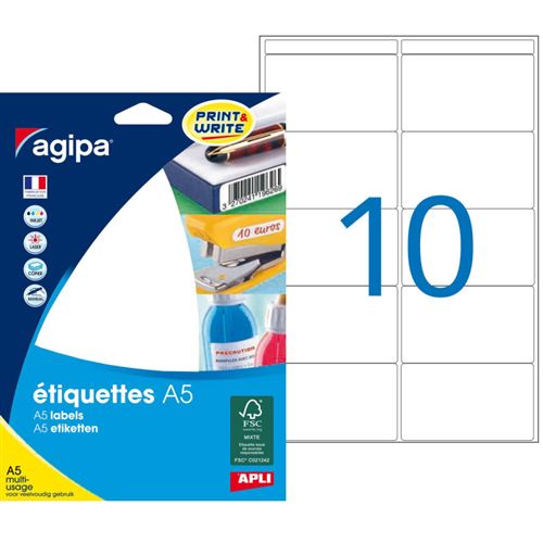 Agipa - Etiquettes adh&eacute;sives 38,5 x 65 mm 114019 - Pochette de 160