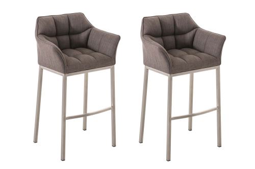 Lot 2 tabourets de bar Damaso en Tissu avec support à 4 pieds , Gris/Acier inoxydable