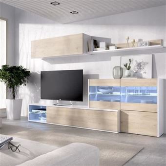 Ensemble meuble séjour living avec vitrine LED  Décor chene et    L 260   P 41   H 180 cm - 1