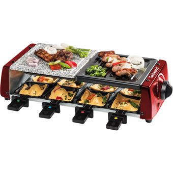 Raclette-Grill-Plancha-Pierre de Cuisson, Techwood TRGP-885 1200 W, Inclus : 8 Poêlons - Coloris Rouge - 1