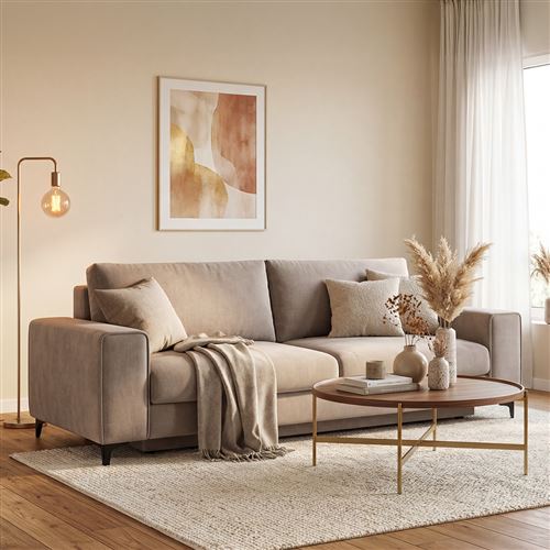 Canap&eacute; Velours Droit Beige Fiesole - 3 Places