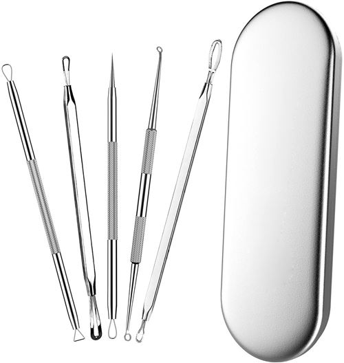 CHENYAO(MY0002) Blackhead Remover Kit,Soins Professionnel pour la Peau à Problèmes de Hommes et Femmes, Acier Inoxydable Antibactérien, Kit 5-en-1