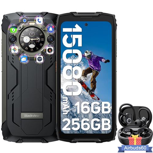 Blackview BV9300 Pro Téléphone Portable Incassable Double Écran 6.7 16Go+256Go 64MP Noir avec Écouteurs Bluetooth Airbuds 60(Noir)